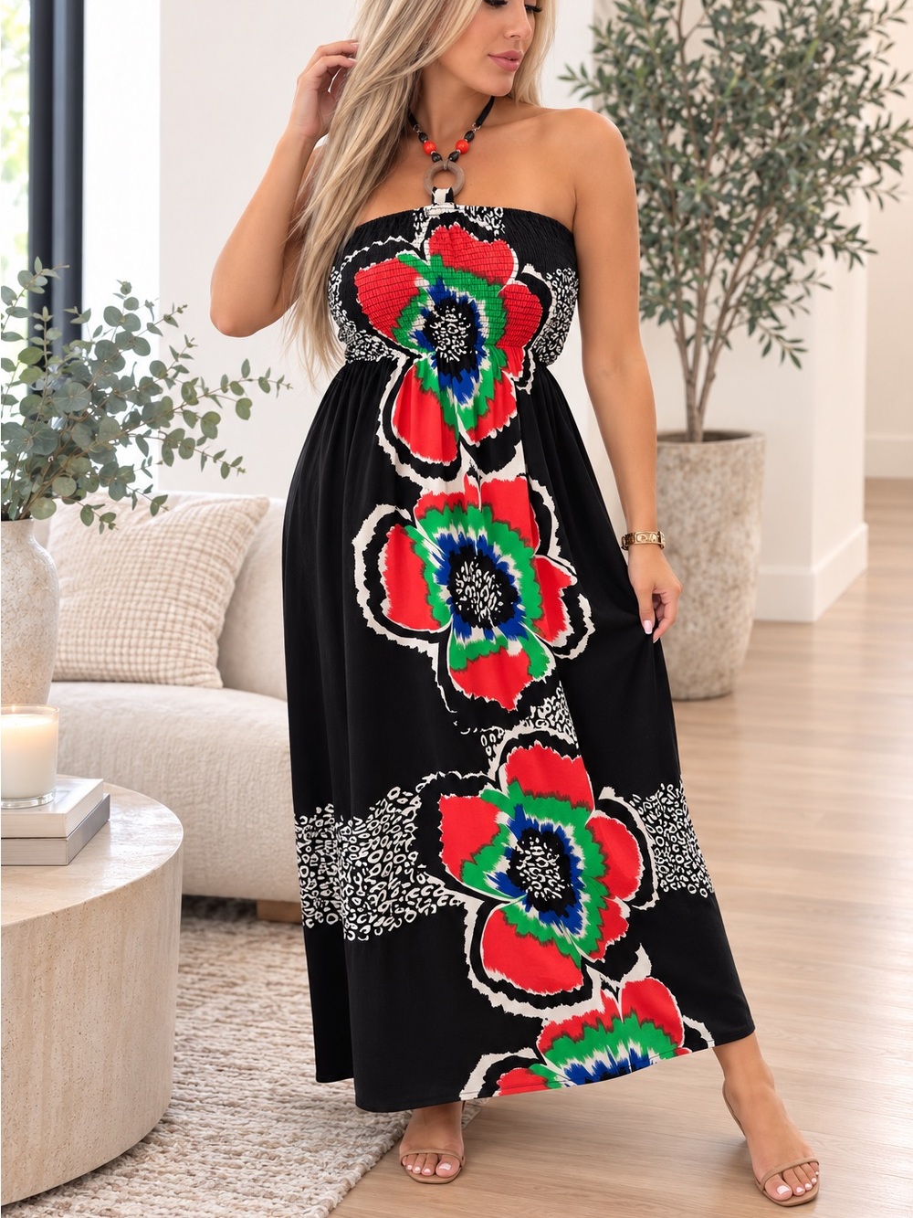 Black Floral Halter Neck Maxi Dress – Boho Summer Dress